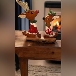 Vintage Hand-Painted Wooden Reindeer Figure Christmas Holiday Decoration Set 80s
